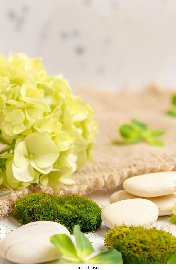 Spa Treatment with White Stones, Green Moss, and Yellow Flowers