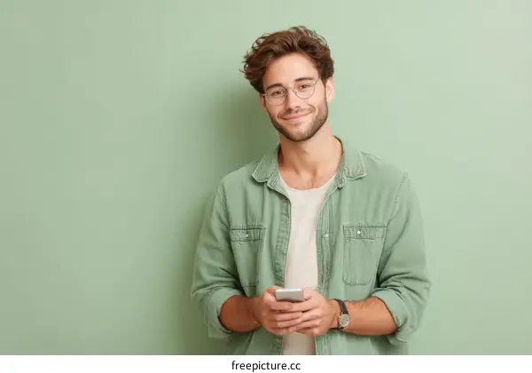 Casual Man Holding Smartphone Against Green Background