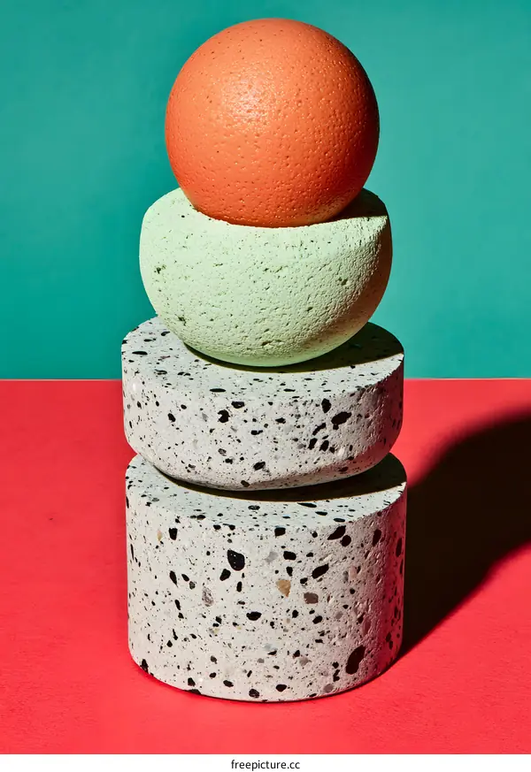 Stacked Colorful Stone Objects Against Red and Green Background