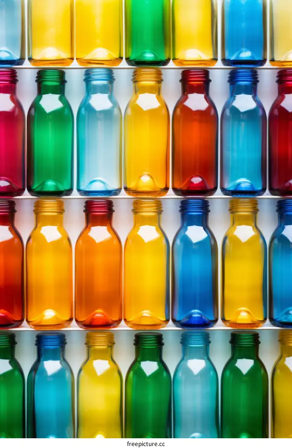 Colorful glass bottles arranged in rows on white shelves