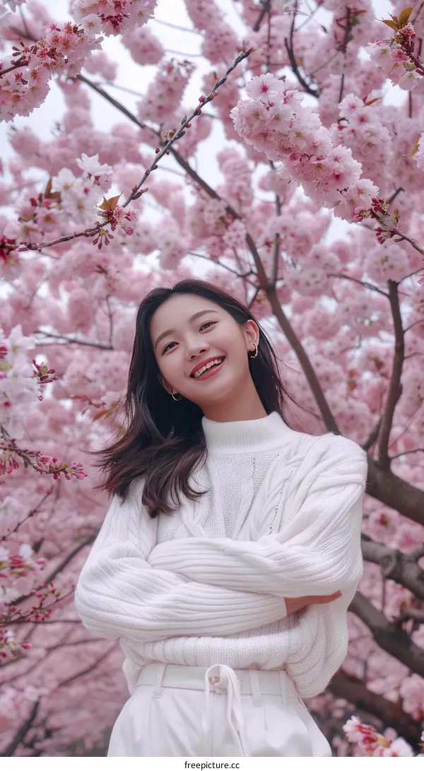 Asian woman in white clothes standing under cherry blossom tree