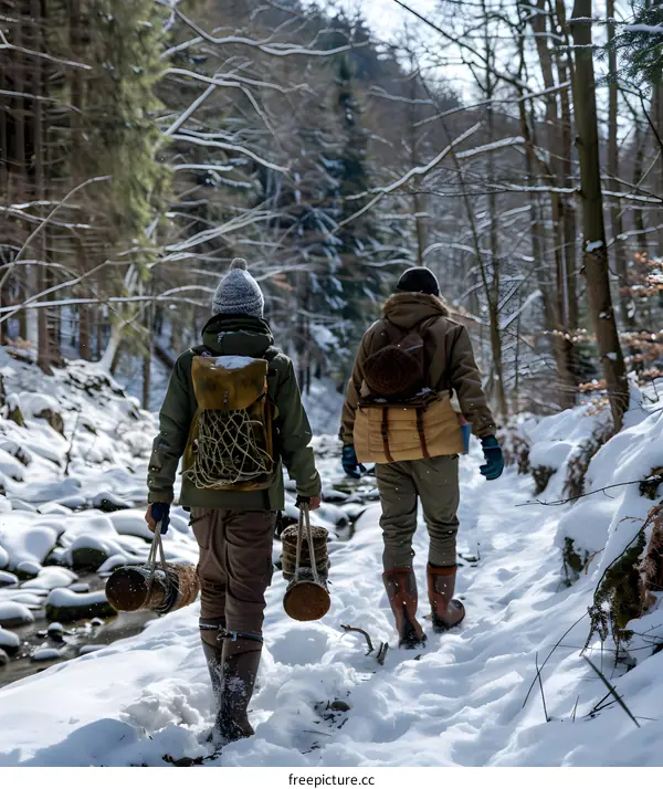 Two Hikers Walking on a Snowy Trail in a Forest