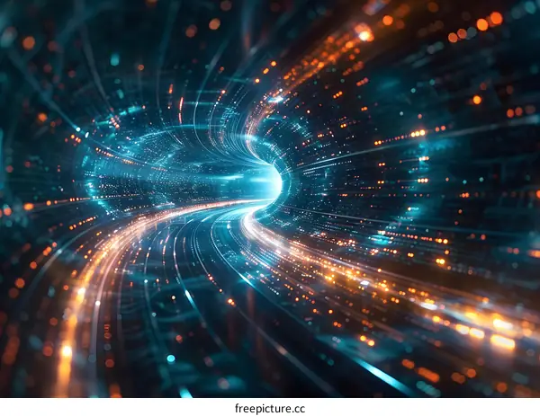 Blue and orange glowing technology tunnel