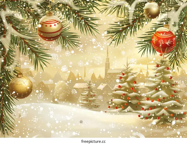 Snowy Christmas Cityscape: Festive Holiday Houses and Church