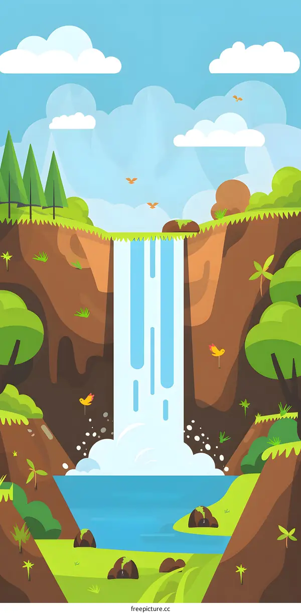 Waterfall Illustration with Green Trees and Blue Sky