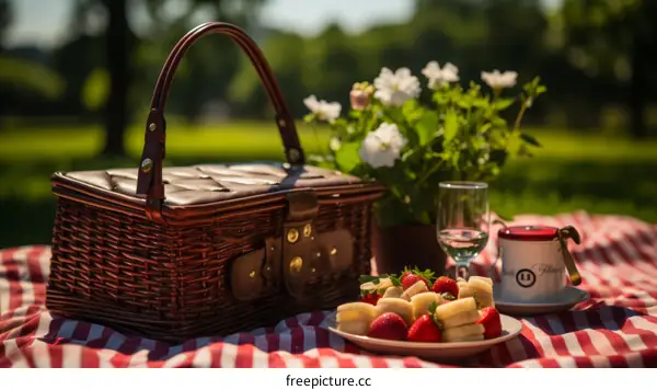 Picnic in the park with a basket full of fruits and a glass of wine