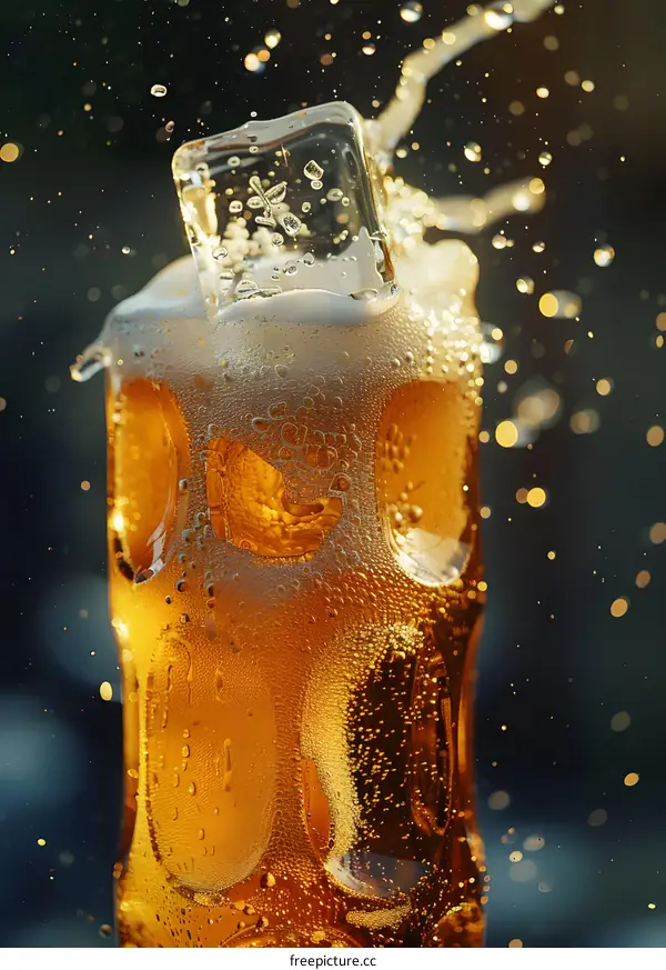 Close Up of Ice Cube Dropped Into a Glass of Beer