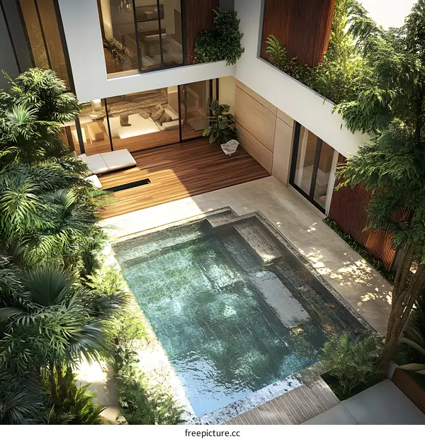 Modern Tropical Poolside Terrace with Lush Greenery and Wooden Flooring