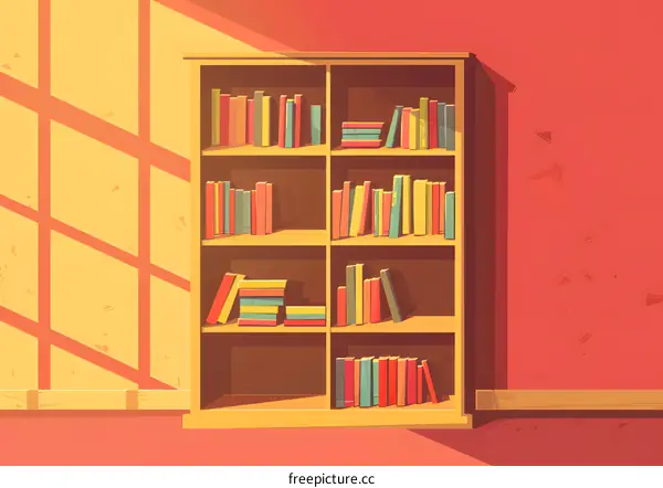 Full Wooden Bookshelf With Stacked Books Cartoon Illustration