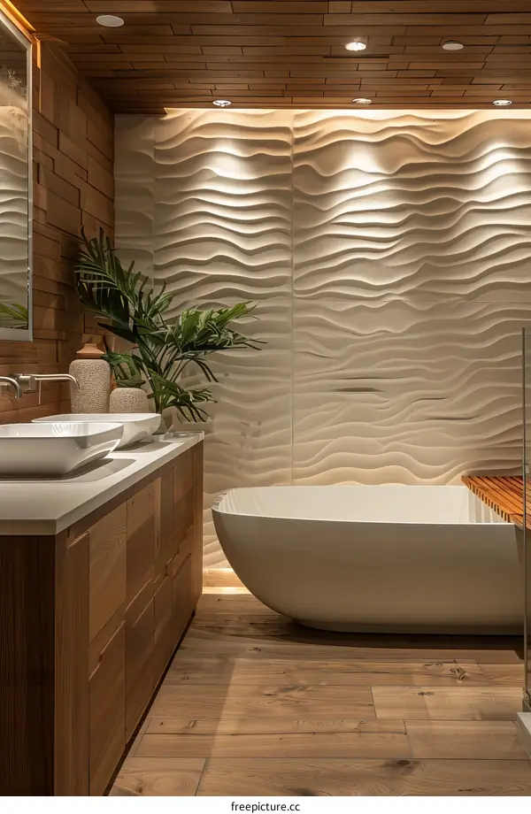Modern Wooden Bathroom with Elegant Waves Wall
