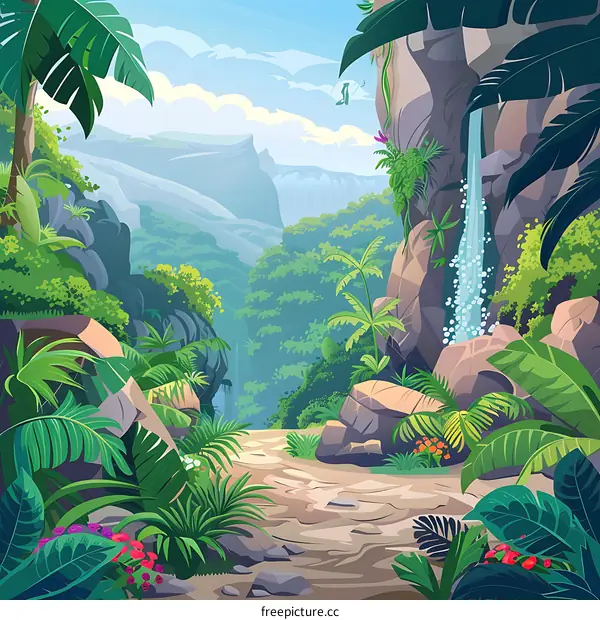 Jungle Landscape with Waterfall and Path