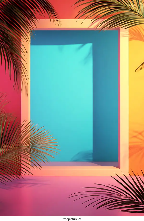 Summer Minimalist Background with Palm Leaves and Colorful Walls