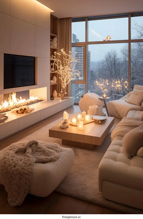 Inviting Living Room with Fireplace and Expansive Windows