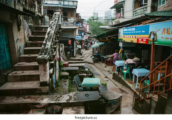 Concrete Stairs in a Busy Asian Street Scene