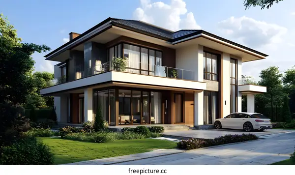 Modern House Exterior Design with Glass Windows and Balcony