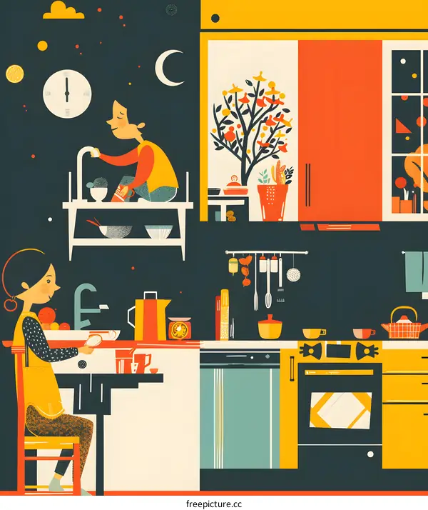 Kitchen Illustration with Two People Cooking and Cleaning