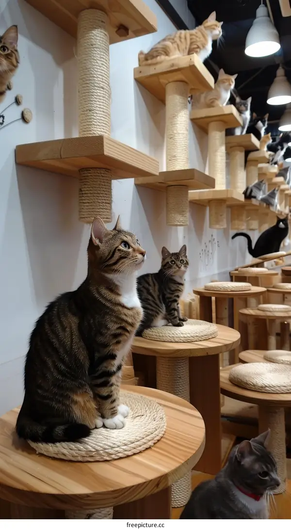A group of cats sitting on wooden shelves and looking around in a cat cafe