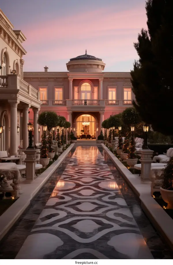 A magnificent mansion with a long reflecting pool
