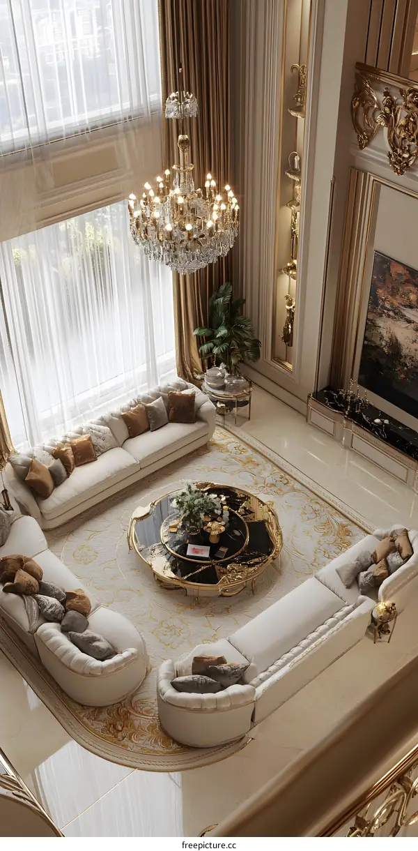 Luxury Living Room Interior Design with Elegant Furniture and Chandelier