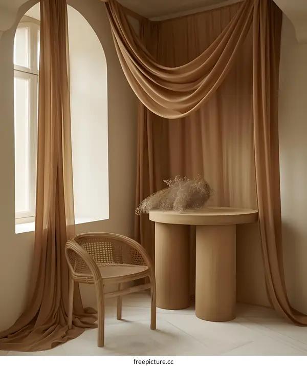 Minimalist Interior Design with Wicker Chair and Round Table
