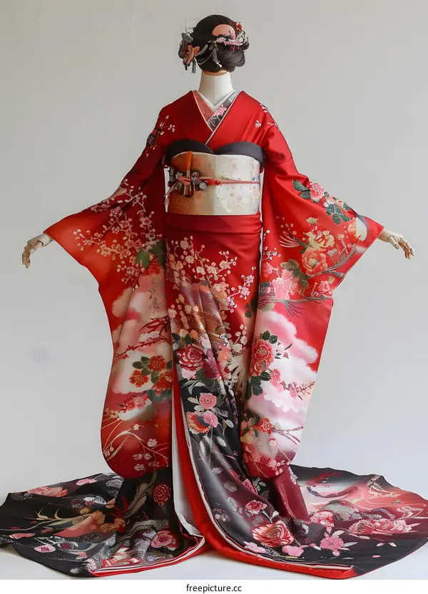 A woman wearing a red kimono with floral patterns