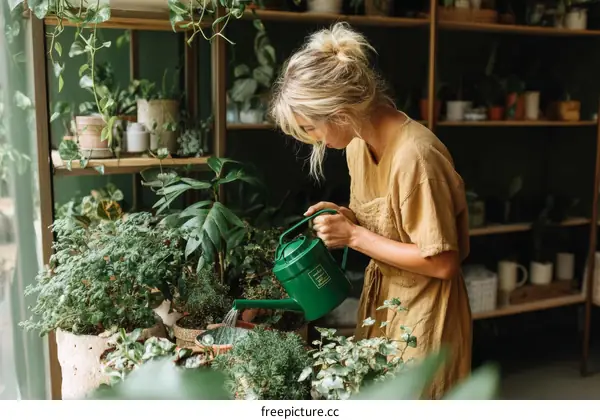 Woman Watering Plants in a Greenhouse