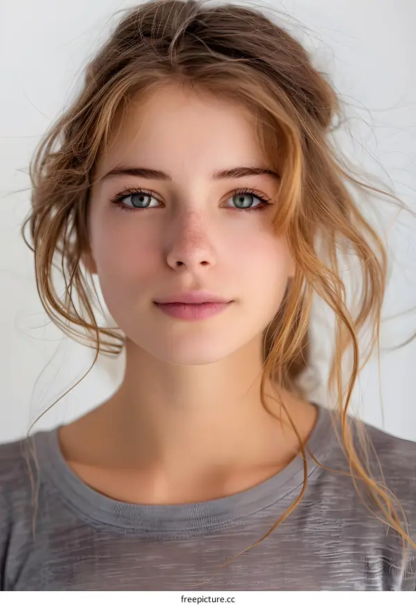 portrait of a young woman with freckles and green eyes