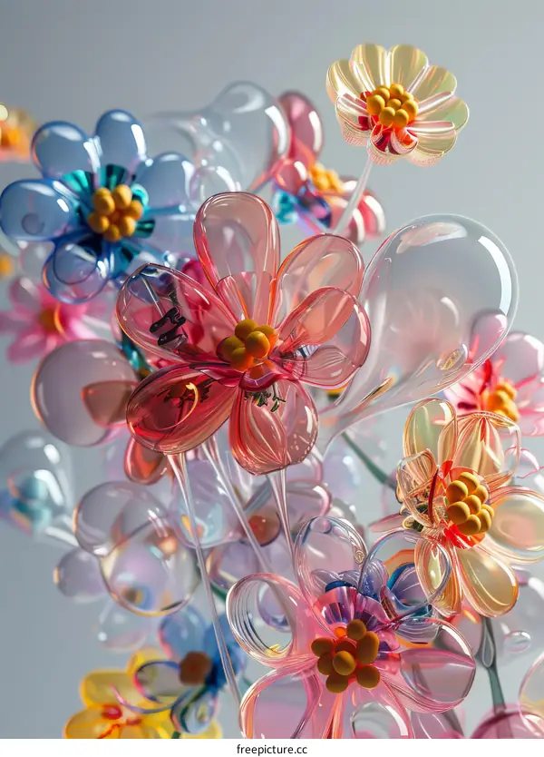3D rendering of colorful glass flowers