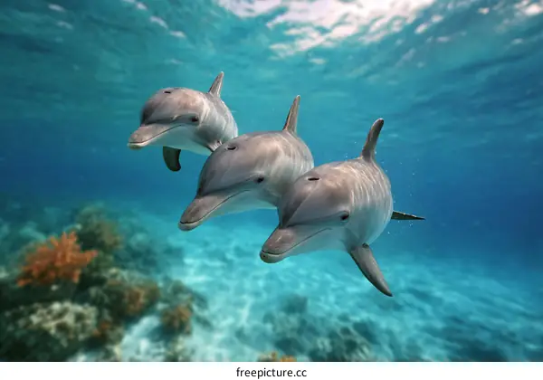 Three Dolphins Swimming in Crystal-Clear Water