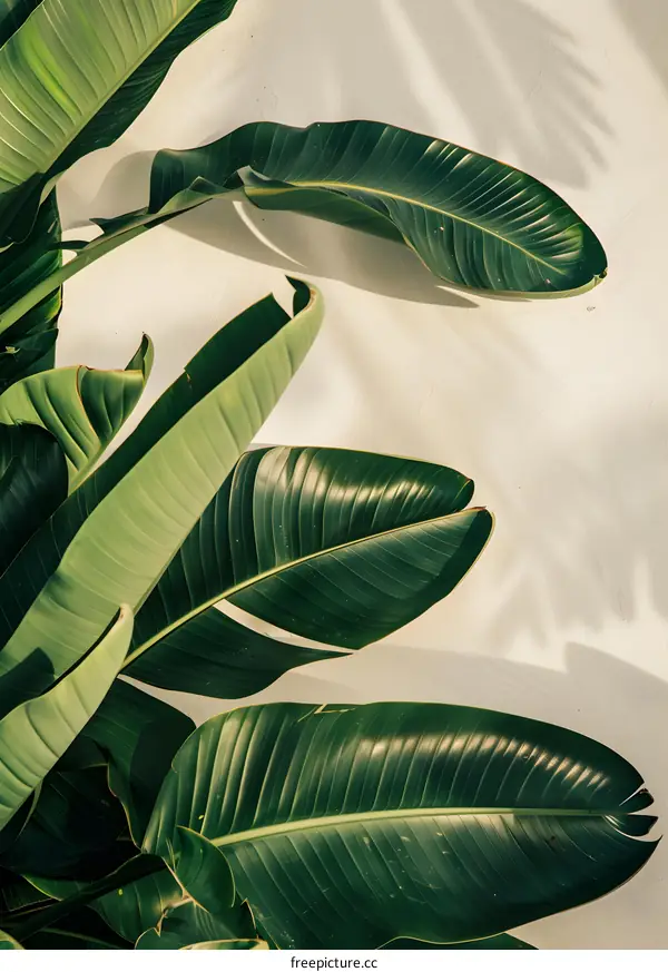 Green Leaves on White Wall Minimalist Background