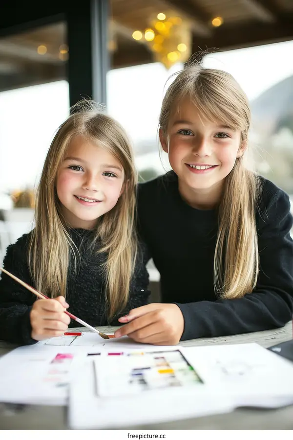 Two Caucasian Girls Painting at a Cafe