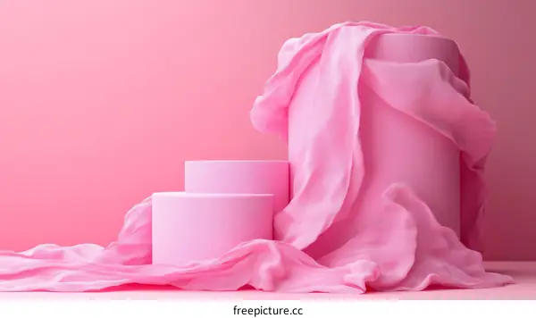 Pink Fabric Draped on Geometric Platforms