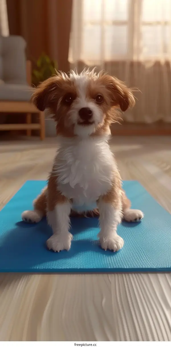 A cute puppy is sitting on a yoga mat