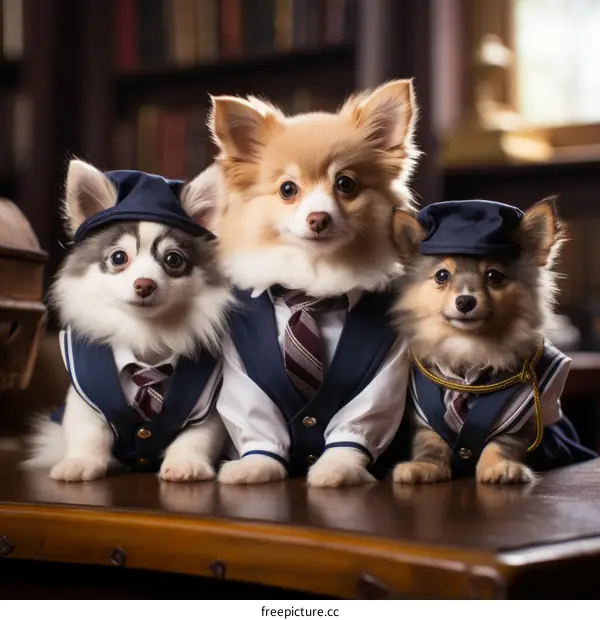 Three Pomeranian dogs wearing school uniforms