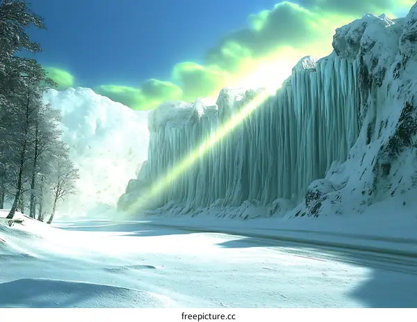 Winter Wonderland Landscape with Frozen Waterfall and Sunbeam