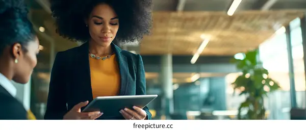 Two Businesswomen Discuss a Project on a Tablet in a Modern Office