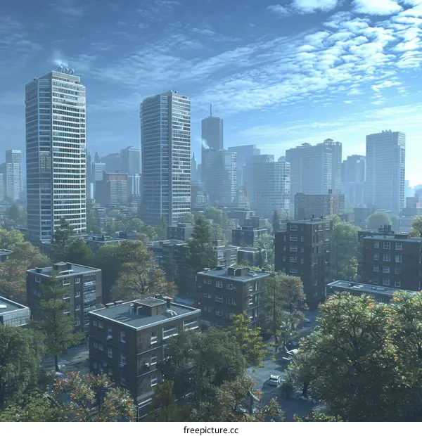 Vibrant Cityscape with High-Rise Residential Buildings and Lush Greenery