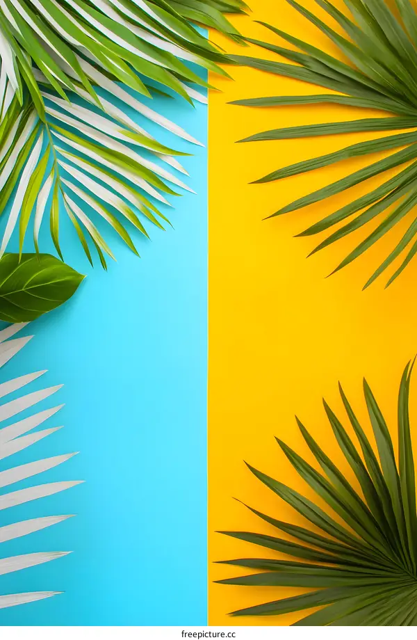 Tropical Leaves on Blue and Yellow Background