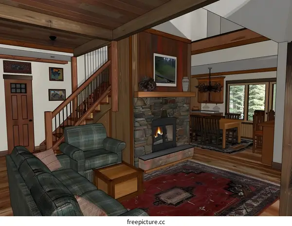 Modern Rustic Living Room With Fireplace And Stairs
