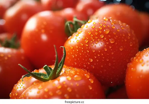 Close-up of Ripe Tomatoes with Water Drops