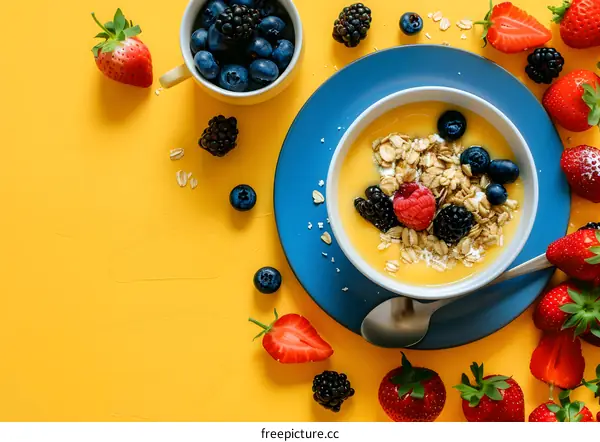 Fresh Fruit and Oatmeal Breakfast Bowl on Yellow Background