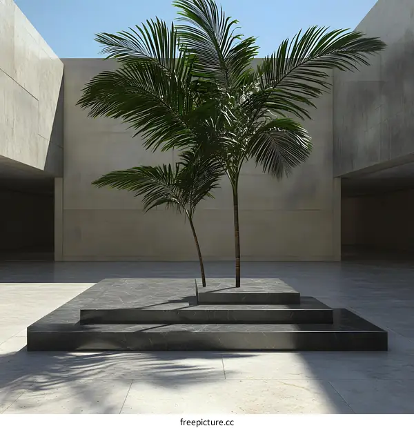 Minimalist 3D Rendering Of Two Palm Trees Growing In Concrete Courtyard
