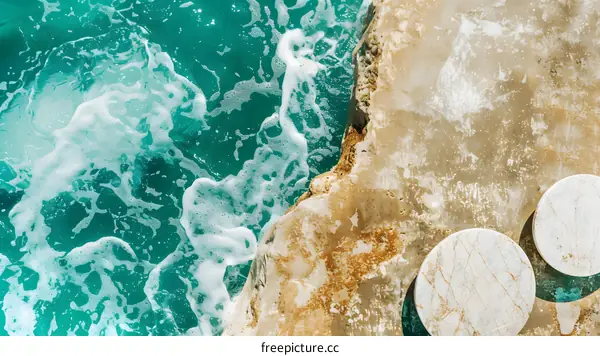 Ocean Waves Crashing on the Rocks with White Marble Platform