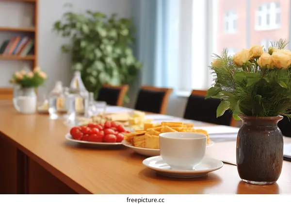 Meeting Room Table with Snacks and Flowers