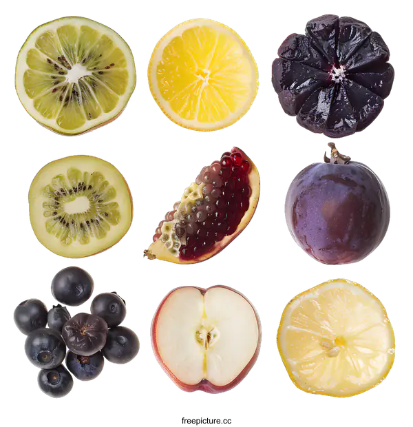 [Transparent Background PNG]Fresh Fruits Sliced in Half for Healthy Eating