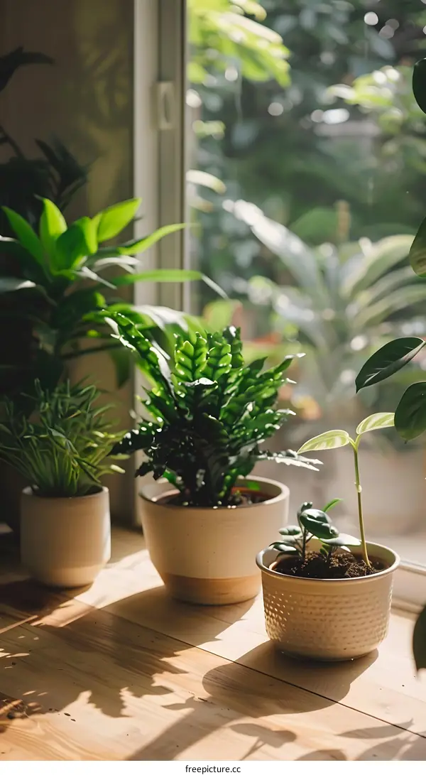 Three potted plants on a wooden windowsill