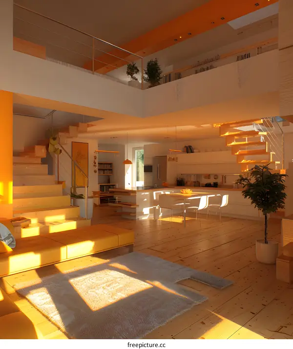 An illustration of a modern living room with a large orange wall and a white staircase