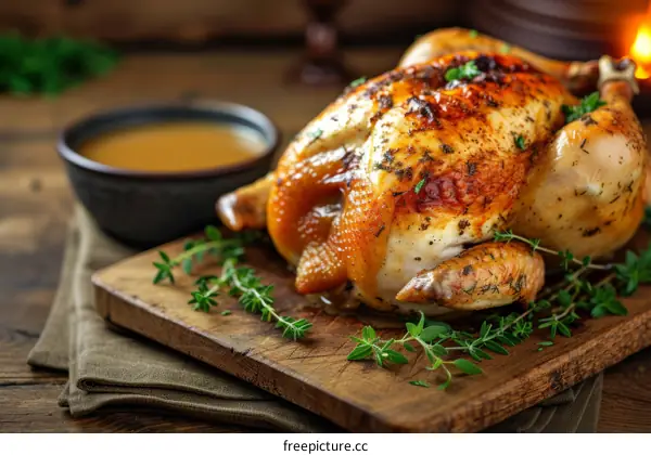 Roasted chicken with herbs and spices on a wooden board