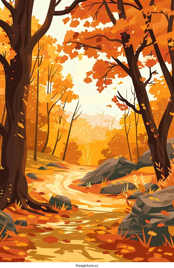 Autumn Forest Path with Golden Leaves and Winding Stream