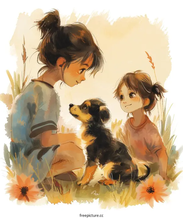 Two little girls are playing with a puppy in the meadow